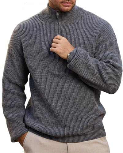 Remxi Jersey con cremallera para hombre, manga larga, cuello de tortuga, jersey de invierno de punto fino, básico, con textura cálida, gris, 3XL