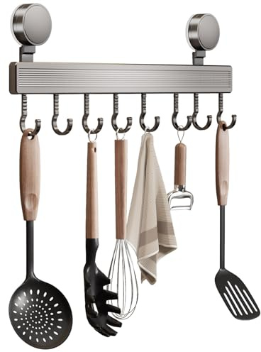 COONE 8 Hooks Kitchen Utensil Holder, Removable No Drilling Suction Cup, Wall-Mounted Multi-Functional Organiser for Kitchen Tools and Utensils (40cm, Grey)​