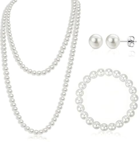 YCZARD 3Pcs Long Pearl Necklaces and Earring Set, 1920s Artificial White Pearl Necklace Great Gatsby Style 150cm Long Costume Jewellery