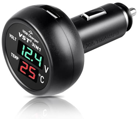 VOKTTA 3-in-1 USB Auto Ladegerät Digitales Voltmeter Thermometer, USB Zigarettenanzünder Ladegerät, DC 12V 24V 36V Batteriewächter, für PKWs, LKWs, Busse, SUVs