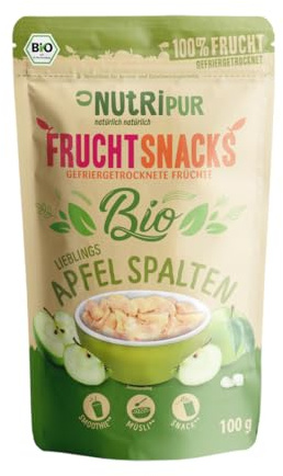 NutriPur Manzanas liofilizadas orgánicas: 100 g de manzanas secas sin azúcar – Manzana liofilizada – Fichas de manzana sin azúcar añadido – Frutas secas