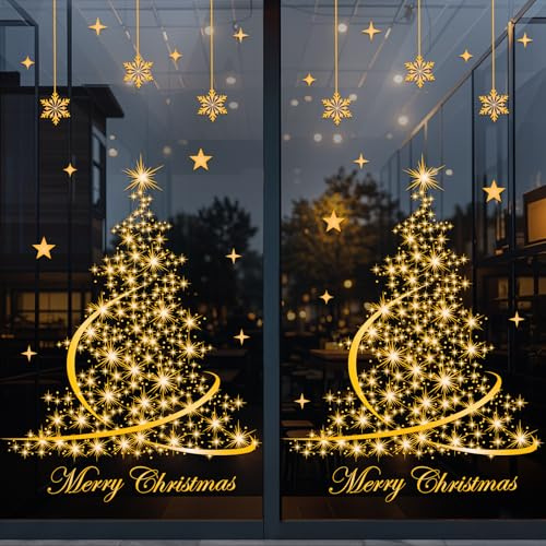 Vexyra Vetrofanie Natalizie per Finestre, 106 PCS Riutilizzabili Adesivi Natalizi per Finestre Grandi, D'oro Albero e Fiocco di Neve Vetrofanie Natale Addobbi Natalizi per la Casa per Porta Finestra