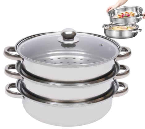 3-Tier Stainless Steel Steamer 28cm Induction Hob Steamer with Glass Lid and Handles, Cookware Pot & Pan Set Multi Kitchen Food Steamers for Family Gathering Dumpling Fish Vegetables