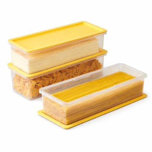 Gzsekken Pasta Storage Containers with Lid,Airtight BPA-free Pasta Containers Set of 3, Plastic Spaghetti Noodle Holder Rectangular Spaghetti Jar Sealed for Refrigerator, Kitchen Pantry-Yellow