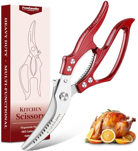 Freelander Ciseaux à Volaille Professionnel, Ciseaux de Cuisine Robustes pour Découpe Poulet, Os et Viande, Rouge