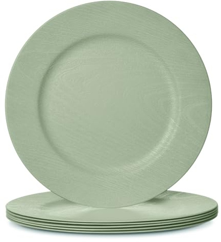 Mifoci 6 Pcs Green 13 Boho Faux Wood Plastic Charger Plates, Faux Wood Chargers for Dinner Plates Round Rustic Wedding Party Service