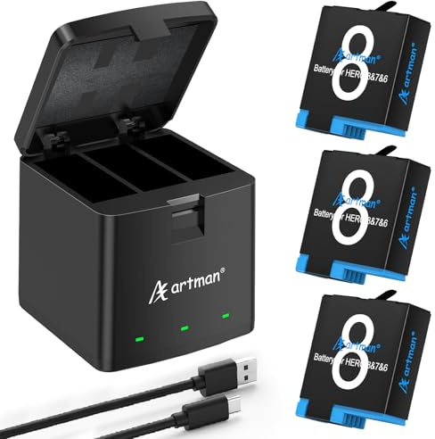 A Artman Battery 1500mAh for GoPro Hero 8/7/6/5 Black and 3-Channel LED USB Charger Fully Compatible with GoPro Hero 8 Battery and Charger (3-Pack)