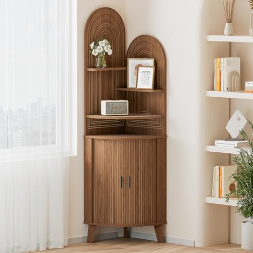 Pruchant Small Corner Cabinet with Sliding Door and Storage, Tall Corner Bathroom Cabinet for Kitchen, Living Room, Corner Shelf Display Storage Cabinet, Walnut