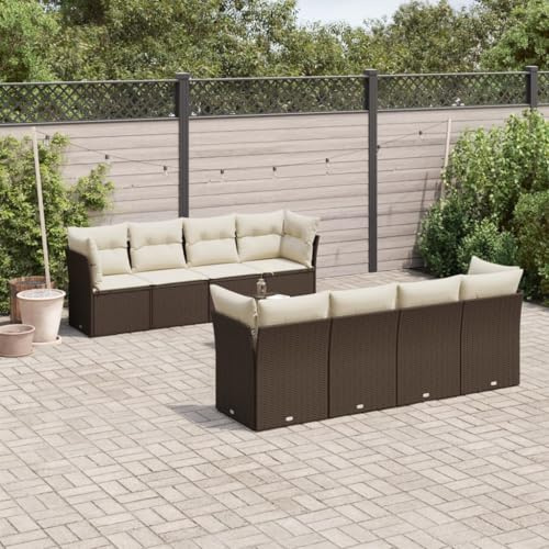Owoxanthellate 9-TLG Gartenlounge Poly Rattan 234x62x69 cm mit Glas-Esstisch und Stauraumbox, wetterfestes Lounge-Set in Braun, abnehmbare Kissen für Balkon Terrasse Campingplatz