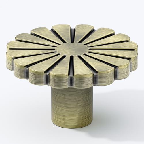 FURNIWARE 10 Pack Shiny Antique Brass Cabinet Knobs, 36.2mm (1.42 Inch) Drawer Pull, Single Hole Cupboard Handle, Vintage Flower Door Knobs for Kitchen, Dresser, Chest of Drawers, Wardrobe, Zinc Alloy