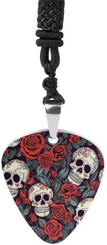 BTCOWZRV Sockerskallar och röda rosor gitarrplektrum halsband titan stål gitarr plektrumhållare hänge halsband R&B musik smycken trendigt rockmusik halsband gitarr ukulele plektrum halsband för