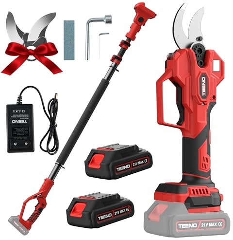 TEENO 2-en-1 Sécateur Électrique Sans Fil avec Perche d'Extension de 2 mètres, Sécateur Électrique Alimenté par Batterie 21V 2×2.0Ah, Diamètre de Coupe de 40CM, pour Élagage d'Arbres
