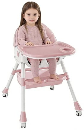Chaise Évolutive Bébé 6-en-1 Pliable, Siège à Bascule avec Roulettes Freinables, Dossier 4 Inclinaisons, Plateau Double Ajustable, Harnais 5 Points, Structure PP Sans BPA et Coussin PU Lavable