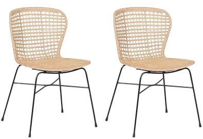 Beliani Stylischer Rattanstuhl in Sandbeige mit schwarzem Metallgestell im 2er Set Elfros