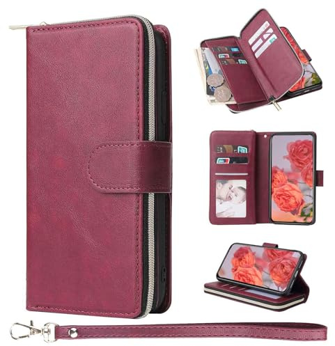 ZCDAYE Leather Phone Case for iPhone 11 Max Wallet Case, Red | Practical Flip Case with Card Holder, Wrist Strap, Zipper Pocket, Magnetic Closure, Elegant Women Cases Phone Cover Holster