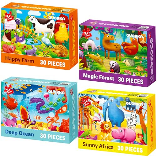 QUOKKA Jigsaw Puzzles For 3 4 Year Olds - 4x30 Toddler Jigsaws for 2 3 Year Old - Educational Toys For Learning Africa Farm Ocean Forest Animals For 4 5 6 yo - Gift Puzzle Games for Boys & Girls 6-8