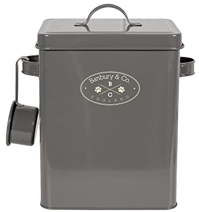 Pet Brands Dog Treat Tin Easy Clean Metal Kitchen Storage Container for Dog/Cat Treats & Food with Scoop, Grey - L18 x W16 x H23cm