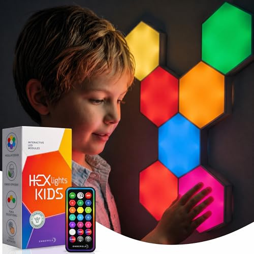 Emberela HEXlights Sensory Lights for Kids - 7pk Touch Hexagon Lights, Remote Controlled - Autism-Friendly Tap Tap Wall LED Panels for Sensory Room - Table Stand Included