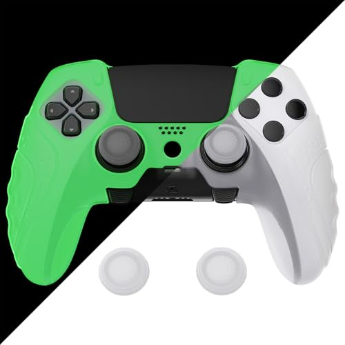 PlayVital Anti-Rutsche Hülle für ps5 Edge Controller,Case Schutzhülle Skin aus weichem Gummi mit 2 Stück Stick Kappen für PS5 Edge Wireless Controller(Guardian Edition,Im Dunkeln Leuchtend-Grün)