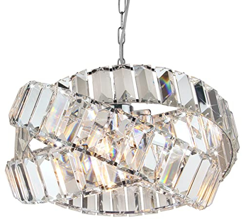 Long Life Lamp Company Crystal Chandelier Ceiling Light, Chrome 3 Light Pendant Fixture Glass Rings Modern and Contemporary H3064