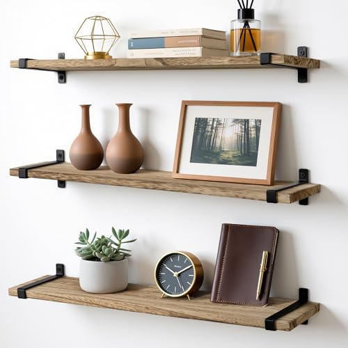 Gronda Estantes flotantes rústicos para pared, juego de 3 estantes de madera de 60 cm montados en la pared, organizador de almacenamiento para libros, decoración de madera de granja para sala de estar