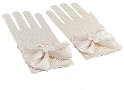 Guantes de gasa con lazo de satén para niña de flores, para dama de honor, comunión, boda, fiesta, beige, multicolor, as description