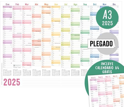 Häfft® Wandkalender 2025 A3 auf Spanisch (42 x 29,7 cm) gefalzt Rainbow, Wandplaner mit spanischen Feiertagen + extra A4-Kalender - nachhaltig & klimafreundlich