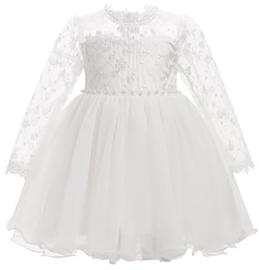 FYMNSI Robe de baptême pour bébé fille à manches longues en dentelle princesse tutu robe en tulle robe de fête pour enfants mariage anniversaire fête de mariage robe de fête, Blanc., 9-12 mois