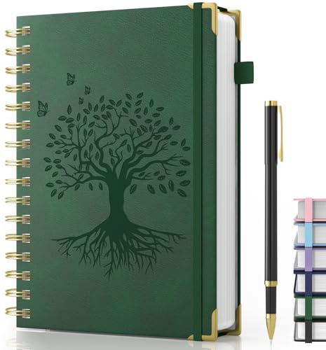 Carnet de Notes A5 ligné, couverture rigide en cuir, spirale, avec stylo, 240 pages, papier épais 100 g/m², cahier à lignes pour femmes et hommes, écriture, école, bureau, 14,5 x 21 cm - Vert foncé