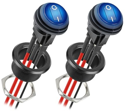 CamperXlite 20A Interruptor Basculante Redondo de Aluminio Impermeable 3 Pines, SPST ON/OFF 12-24V con Cable 14AWG y Luz Azul para Camper, Barco, Tractor, Camione, Moto, Marino 2 Piezas