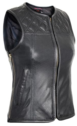 MDM biker läderväst för kvinnor, perforerad, quiltade axlar, svart, midja, svart, M tall