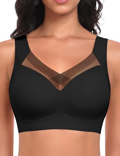Ganado Soutien Gorge sans Armature Dentelle Push up Sport Bralette Femme Col en V Brassière sans Coutures Brassiere Comfit, Noir, XXL