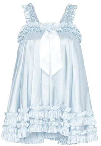 Satini Lingerie Raso Femminuccia Pieghettato con Volant Babydoll Abito Negligee Femminile Crossdress Cosplay (Azzurro Baby, XL)