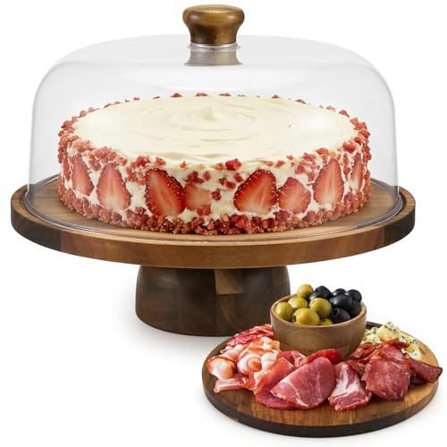 Micvtve Cake Stand with Acrylic Dome Lid, Rustic Wooden Cake Plate with Pedestal, Food Serving Platter, Cheese Board, Shatterproof Acrylic Cover for Baking Gifts, Birthday