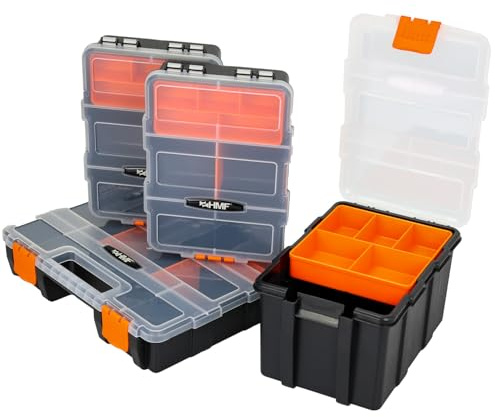 HMF Caja clasificadora vacía de 4 piezas para herramientas y piezas pequeñas, 49 compartimentos, tapa transparente, color negro y naranja