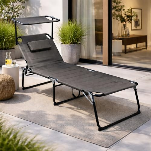 Mojawo XXL Gartenliege Sonnenliege Relaxliege Liege Aluminium mit Kissen gepolstert klappbar anthrazit L200xB70xH45/95cm Belastbar bis 150kg