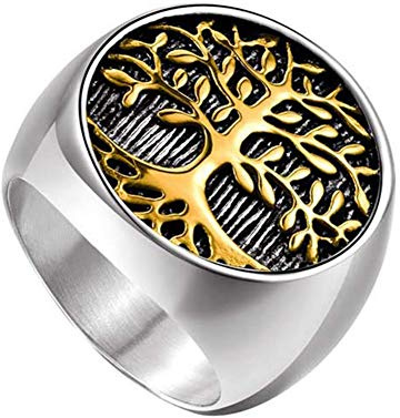 HIJONES Religieux Ancien Classique Arbre de la Vie Sceau Bague pour Hommes en Acier Inoxydable avec Ronde Argent Or Taille 60