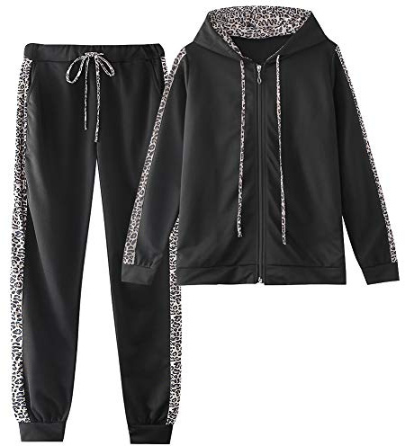 amropi Donna Tuta Sportiva Set Leopardato Maniche Lunghe Felpa con Cappuccio e Jogging Pantaloni (Nero, M)