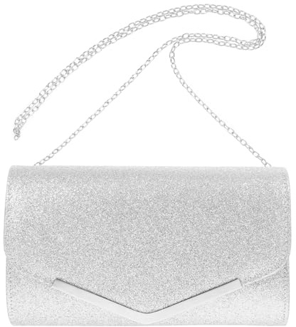 VALICLUD Damen Clutch Bag Silber Abendtasche Mit Kette 9.45X5.51X1.97 Zoll Elegant Für Hochzeit Party Abendessen Handtasche Elegant Schlicht