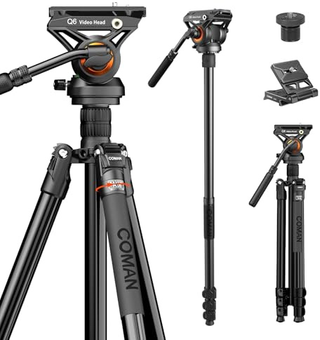 Coman Premium-Kamera-Einbeinstativ für DSLR-Camcorder, professionelles Aluminium-Reisestativ mit 360-Grad-Flüssigkeitskopf mit 6,35 mm Befestigungsschraube, Schnellwechselplatte, belastbar bis zu 8 kg