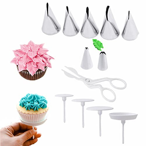 Cake Decorating Tool Kit- 7Pcs Stainless Steel Icing Piping Tips Leaf Tulips Rose Nozzle, 4Pcs Cake Flower Nail and 1 Flower Lifters for Cake Fondant Cupcake