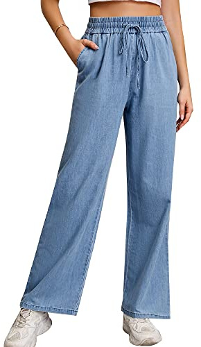 Love Welove Fashion Jean Large pour Femme, Taille Haute élastique à Enfiler avec Cordon de Serrage, Pantalon Baggy en Denim, Grande Taille 3XL, Taille L