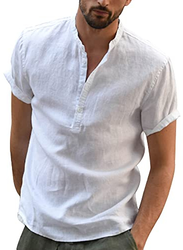 YAOBAOLE Men's Summer Linen Cotton Henley Shirt Casual Short Sleeve Button Up Beach Shirts