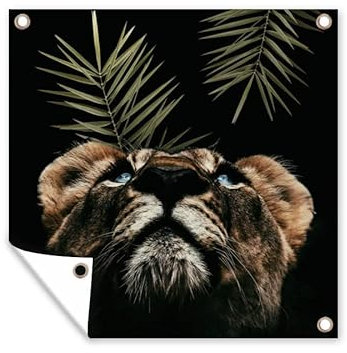 MuchoWow Outdoor-Poster Poster Wanddeko draußen Deko Garten Gartenposter 100x100 cm Tiger - Farn - Schwarz