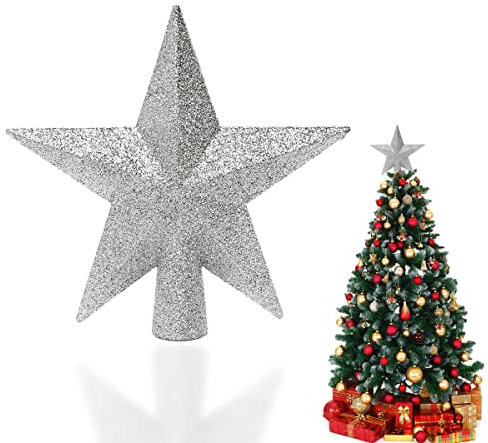 Estrella Navideña para Arbol, Estrella de Adorno para Árbol de Navidad, Estrella de Árbol con Purpurina, Adorno de Estrella para Árbol de Navidad, Decoración para el Hogar Festivo de Navidad, Plata