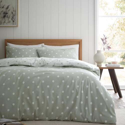 Catherine Lansfield Set copripiumino matrimoniale reversibile in cotone spazzolato a pois con federe verde