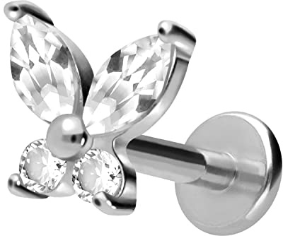 PIERCINGLINE Titan Labret mit Gewinde Aufsatz KRISTALLSCHMETTERLING Piercing Lippe Nase Ohr Helix Tragus Medusa Silberfarben 1,2 x 5 mm