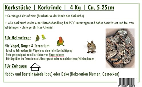 Korkstücke 4KG | Korkrinde | Ohne Chemie gereinigt und desinfiziert- Nur mit Hitze | Korkbruch 5-25cm Naturprodukt - Unikate | Ideal für Vögel (Knabberspaß), Nager, Terrarium (Einrichtung), Deko, uvm.