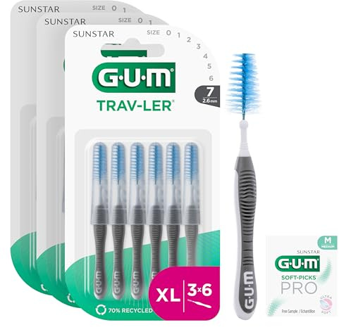 GUM TRAV-LER Interdentalbürsten | für gründliche Reinigung zwischen den Zähnen | flexibler Griff | Zahnreinigung und Plaque Entfernung | 2.6mm, ISO 6 | Größe XL | 3x6 Packung (mit einer Bonus-Probe)