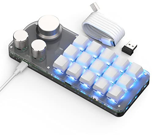 BRIMFORD Macro Programmable Keyboard Bluetooth, One Handed Custom 2.4 G Programmable Gaming Keyboards White Multifunction 15 Keys 3 Knobs Compatible for Windows,Mac OS, Suitable for Office/Lab